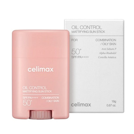 Celimax oil control matifying sun stick with packaging on a white background