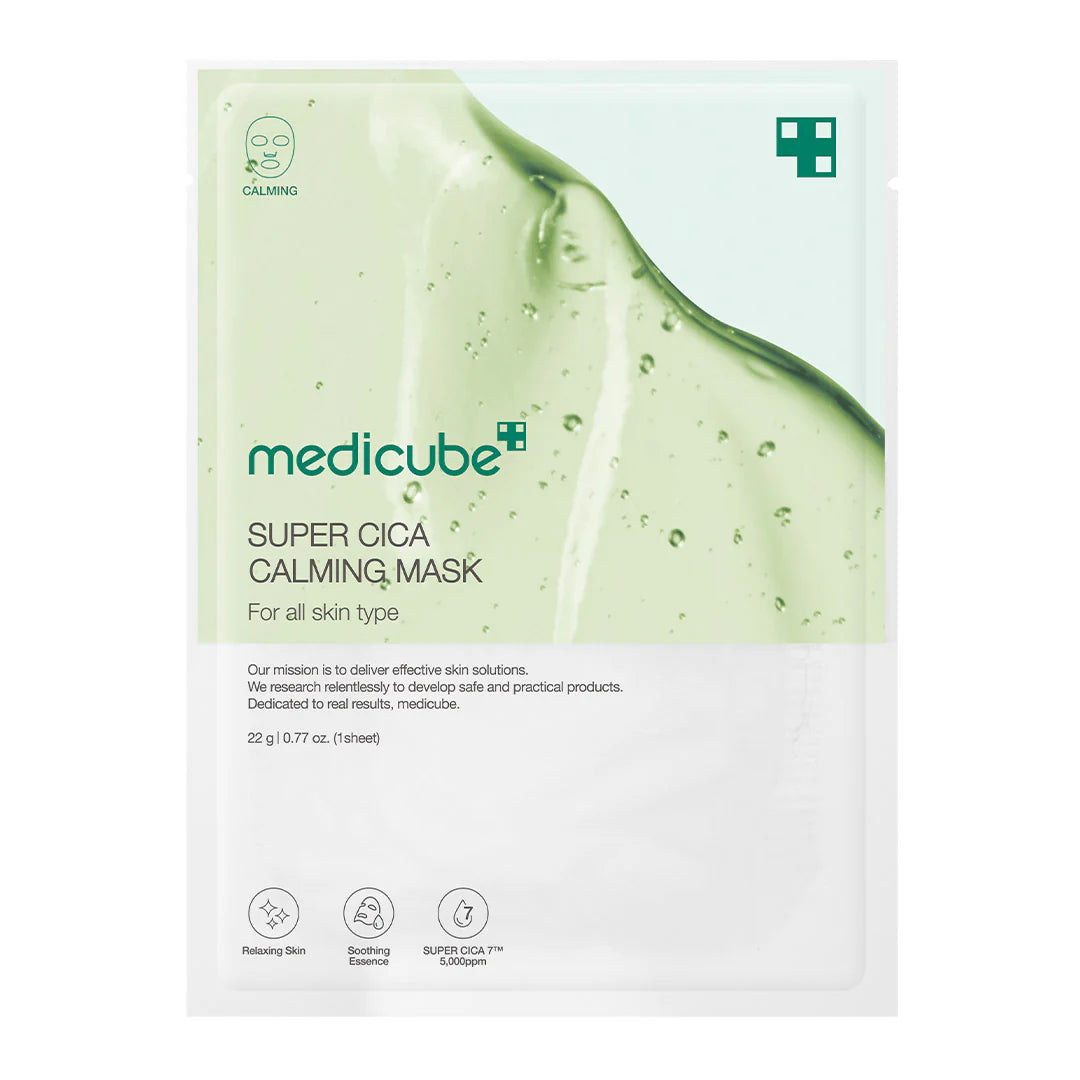 Medicube Super Cica Calming Mask packaging with green gel texture on a white background