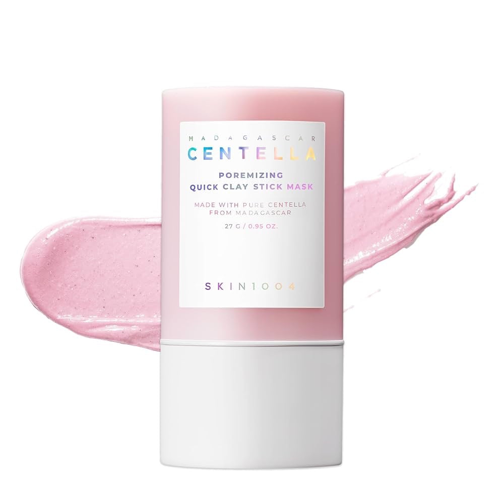 Pink clay stick mask with a white label on a white background