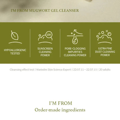 Mugwort gel cleanser packaging with text and icons on a green background
