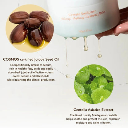 Cleansing balm with jojoba seed oil and centella asiatica extract on a white background