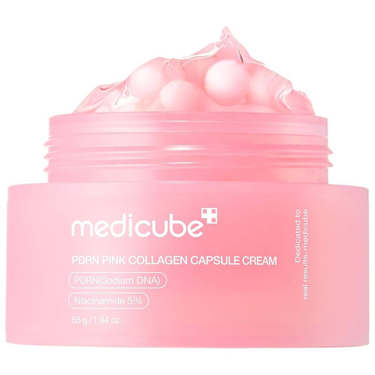 Pink collagen capsule cream jar with Medicube branding on a white background