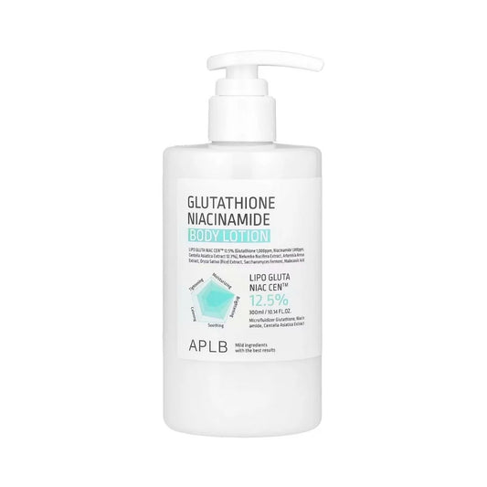 White lotion bottle with pump labeled 'GLUTATHIONE NIACINAMIDE BODY LOTION' by APLB on a white background