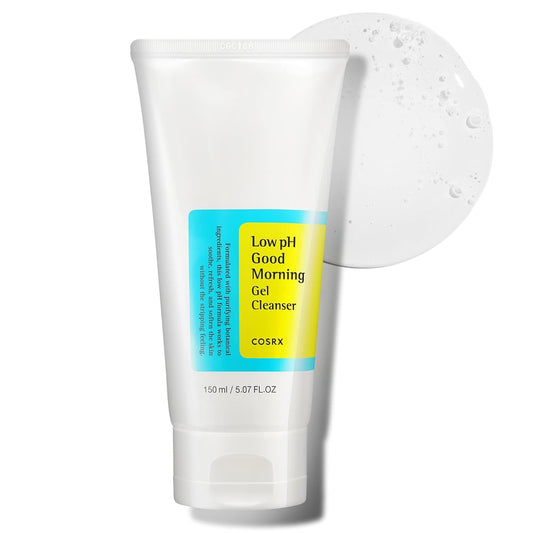 Cosrx Low pH Good Morning Gel Cleanser tube with a swatch of cleanser on a white background