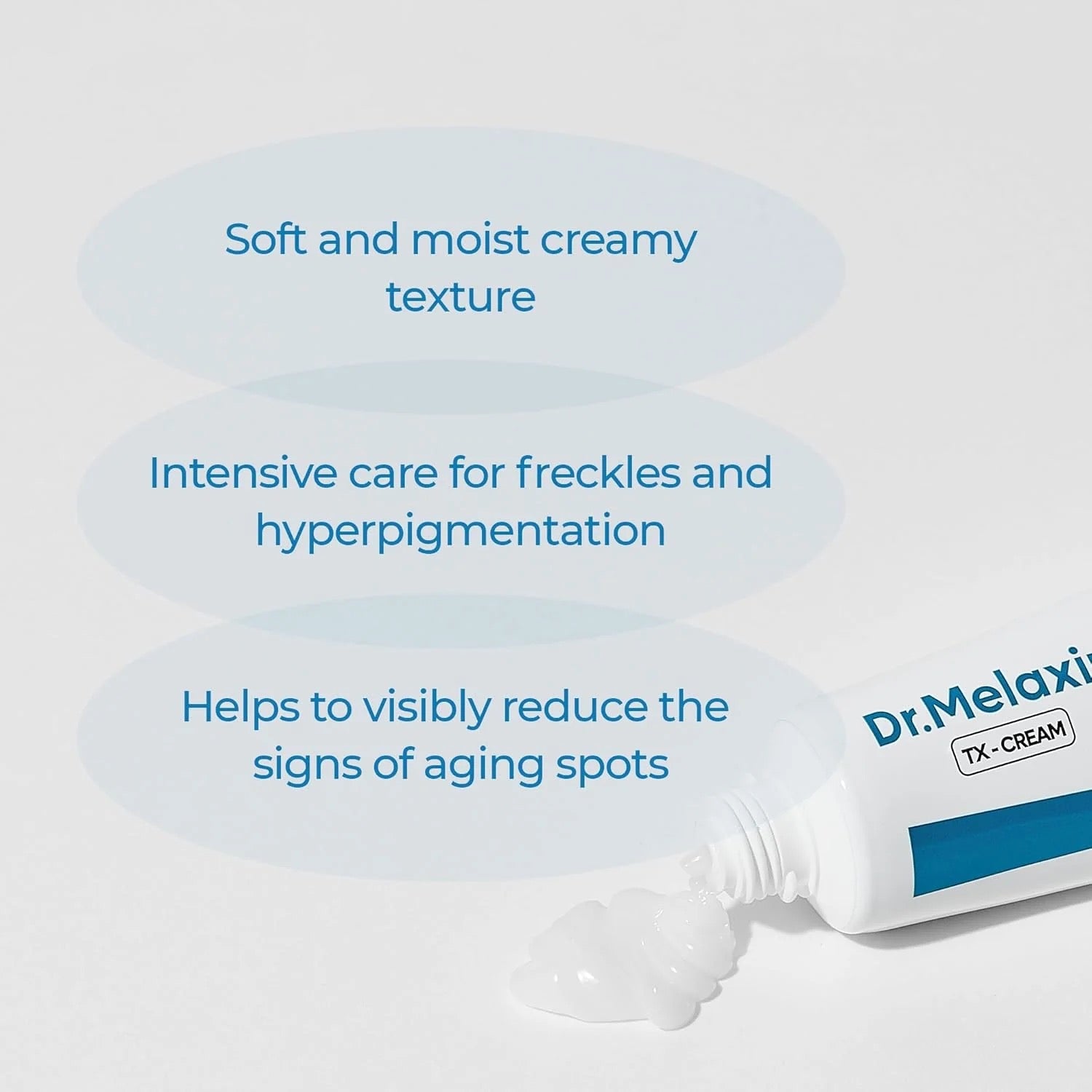 Dr. Melaxi TX-Cream tube with text about its benefits on a light gray background