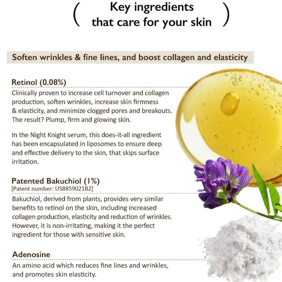 Skincare product ingredients with retinol, bakuchiol, and adenosine shown on a white background.