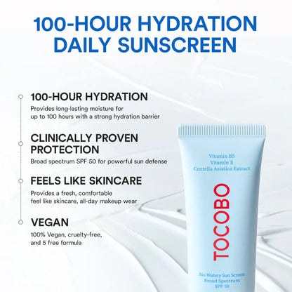 Tocobo 100-hour hydration daily sunscreen tube with product features on a white background