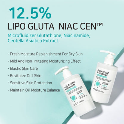 Two bottles of skincare product with Lipo Gluta Niac Cen ingredients on a light blue background.