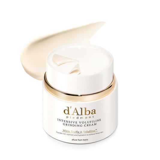 Jar of d'Alba cream with a gold cap on a white background