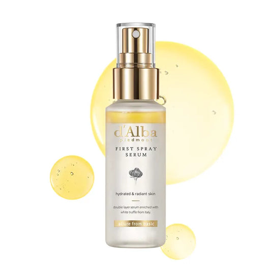 d'Alba first spray serum bottle with yellow accents on a white background
