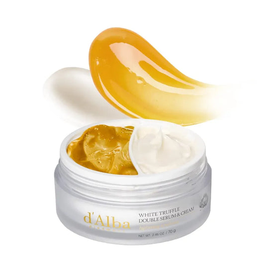 Open jar of d'Alba White Truffle Double Serum & Cream with a scoop of cream and a smear of serum on a white background.