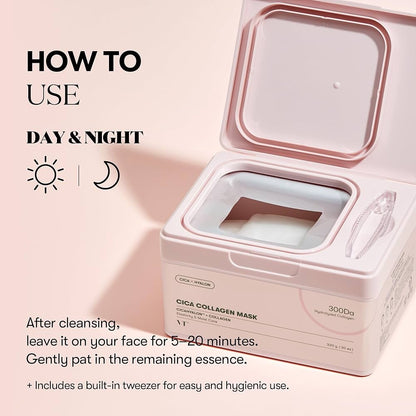 Collagen mask packaging with usage instructions on a pink background