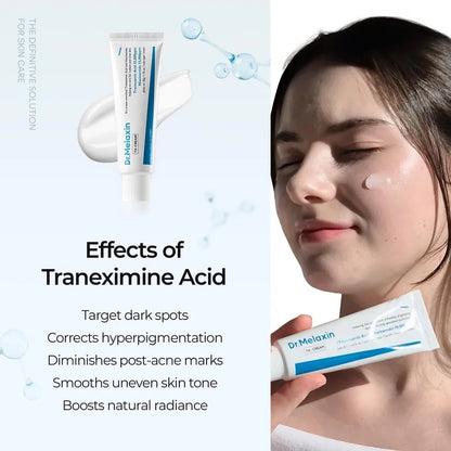 Dr. Melaxin tranexamic acid cream with a woman applying it on her face, set against a light blue background.