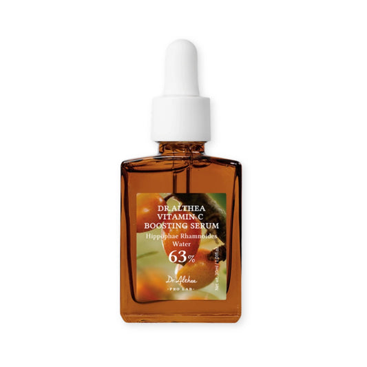 Brown serum bottle with dropper labeled 'Dr. Althea Vitamin C Boosting Serum' on a white background