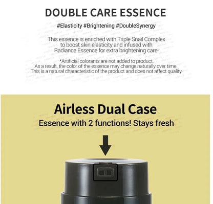 Product packaging with text about Double Care Essence and airless dual case.