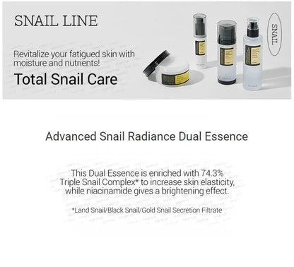 Skincare products with text about snail line care and benefits on a white background