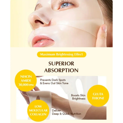 Facial mask with text highlighting benefits on a beige background