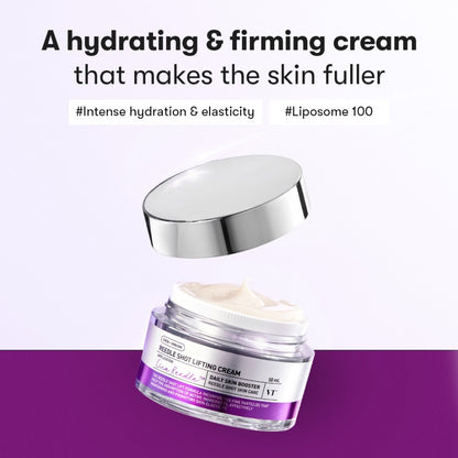 Cosmetic cream jar with a silver lid on a purple background, featuring text about hydration and firming.