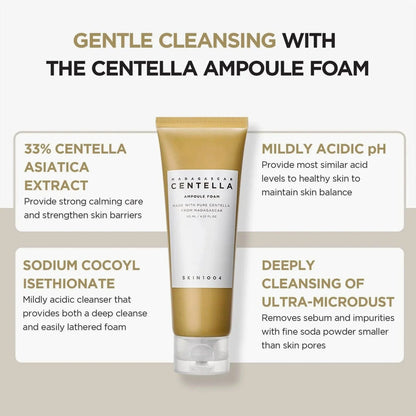 Skinceuticals Centella Ampoule Foam with product details on a beige background
