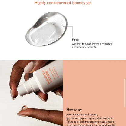Hand applying a skincare product with text about gel properties and usage.