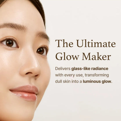 Advertisement for a skincare product with a close-up of a woman's face and text about 'The Ultimate Glow Maker'.