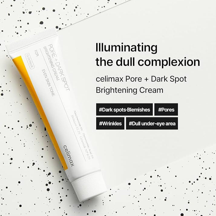 Tube of celmax Pore + Dark Spot Brightening Cream on a white background with text.