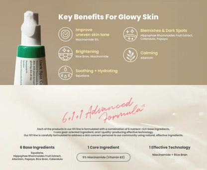 Product packaging with key benefits for glowing skin on a beige background
