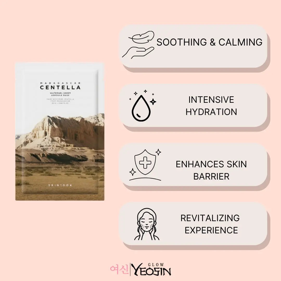 Product packaging with text on a pink background, featuring icons and text about product benefits.