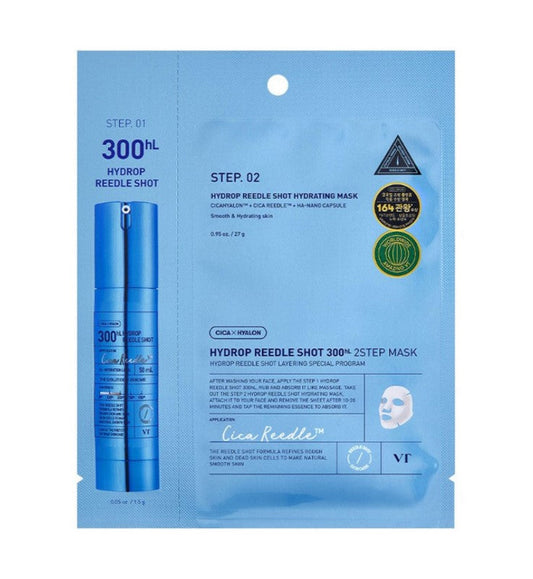 Hydrating mask packaging with blue serum bottle on a white background