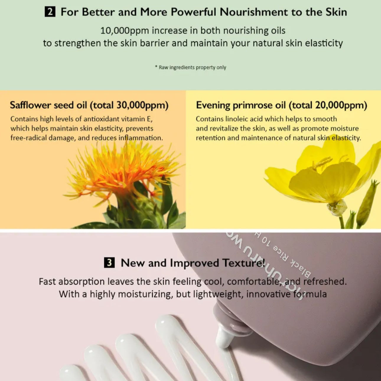 Product packaging with safflower seed oil and evening primrose oil text on a light green background.