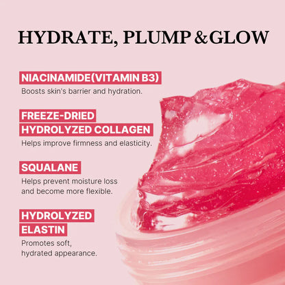 Product packaging with text highlighting hydrating, plumping, and glowing benefits on a pink background.