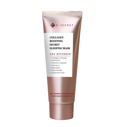 Collagen boosting sleeping mask with K-Secret branding on a white background