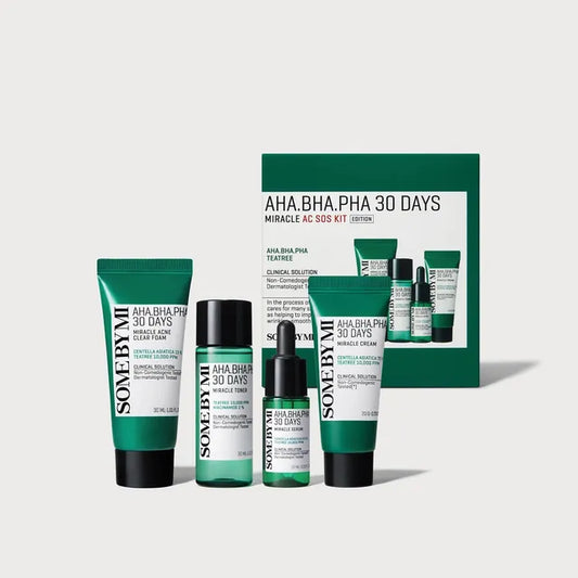 Skincare product set with 'Some by Mi' packaging on a white background