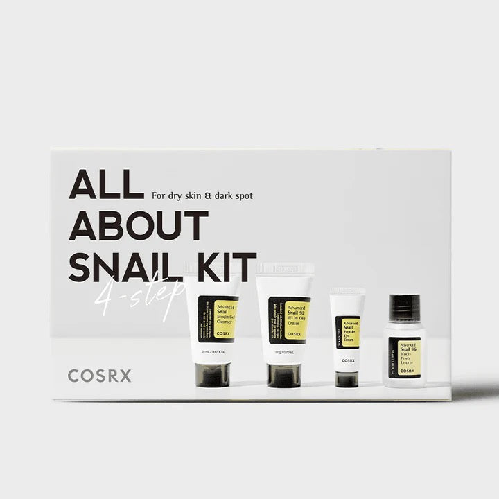 Cosrx snail kit packaging with four containers on a white background
