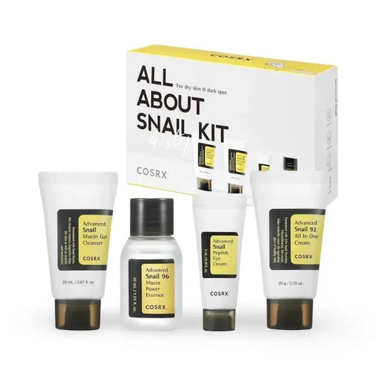 Cosrx snail kit with various skincare products on a white background