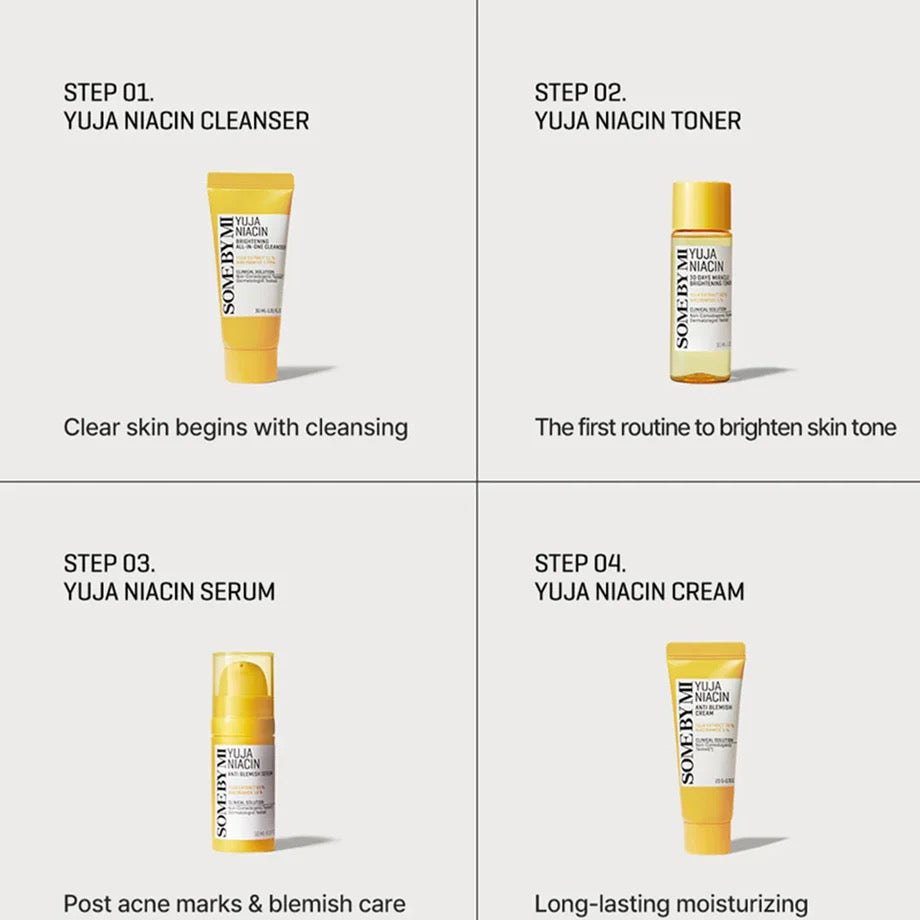 Four steps of a skincare routine with YUJA Niacin products on a white background