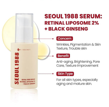K-SECRET Seoul 1988 Serum bottle with product details on a white background