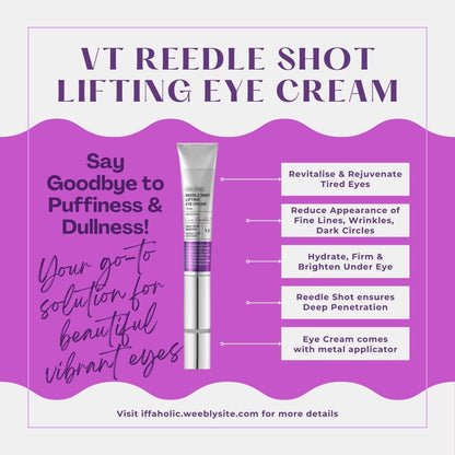 VT Reedle Shot Lifting Eye Cream advertisement with product and benefits on a purple background