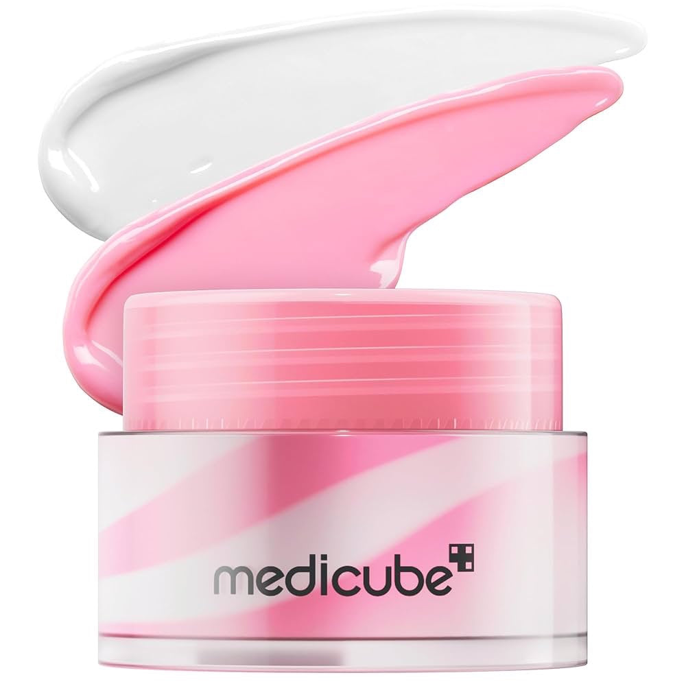Pink and white jar of Medicube cream with pink cream on top