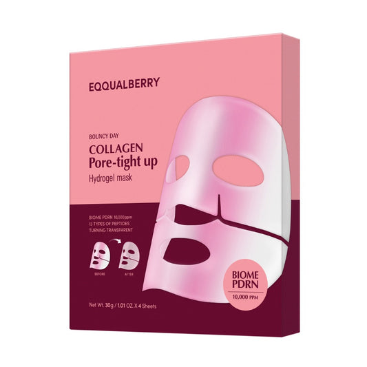 Collagen pore-tight-up hydrogel mask packaging with pink and purple design on a white background