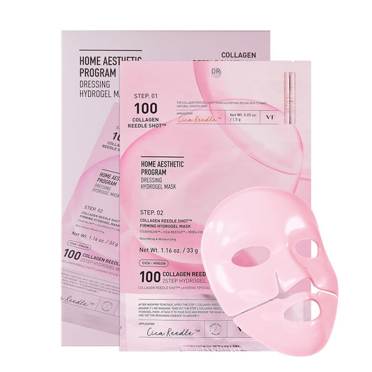Collagen face mask packaging with pink mask and text on a white background