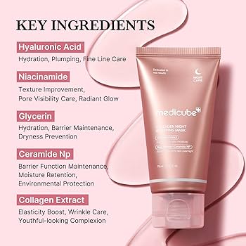 Médicube skincare product with key ingredients listed on a pink background