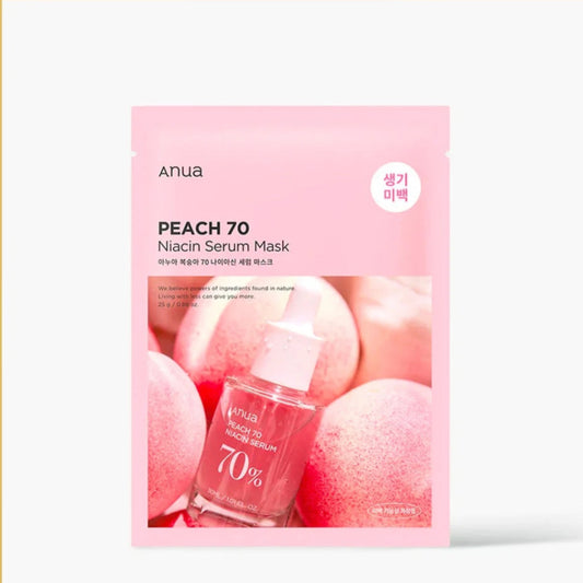 Anua Peach 70 Niacin Serum Mask packaging with peach slices on a white background