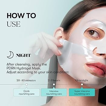 Person wearing a PDRN Hydrogel Mask with usage instructions on a light blue background