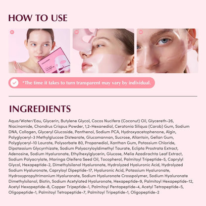Product usage guide with images of a woman applying a product and text about ingredients on a light pink background.