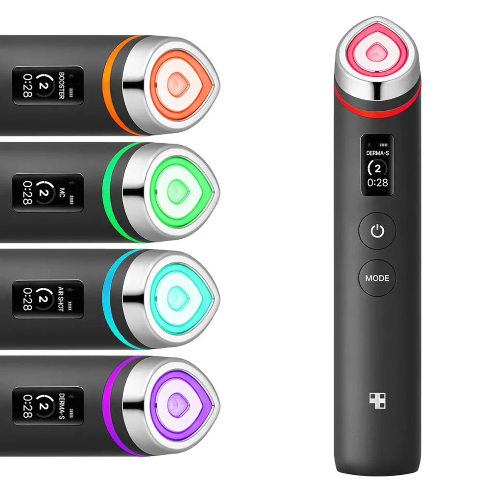 Black handheld device with color-changing top section on a white background