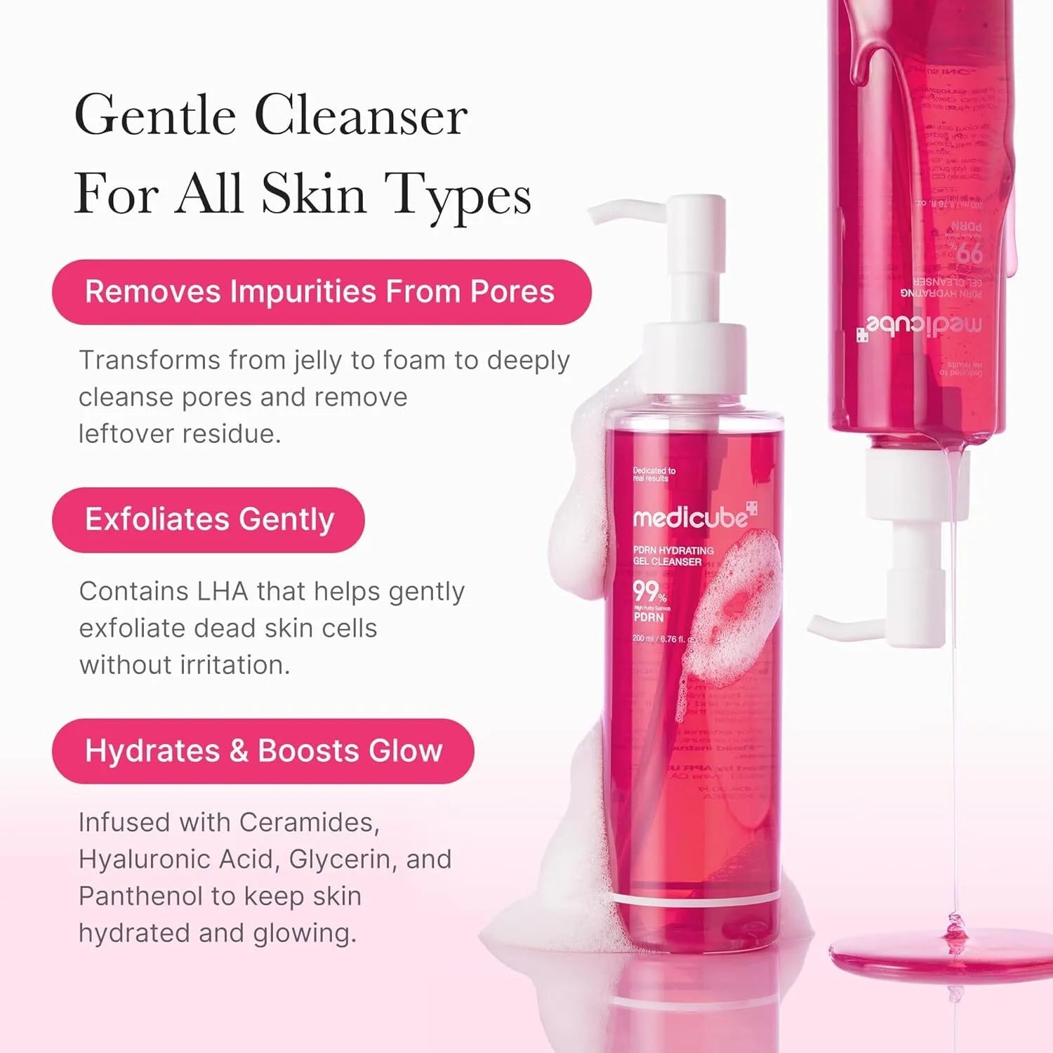 Pink cleanser bottle with pump and text about its benefits on a white background