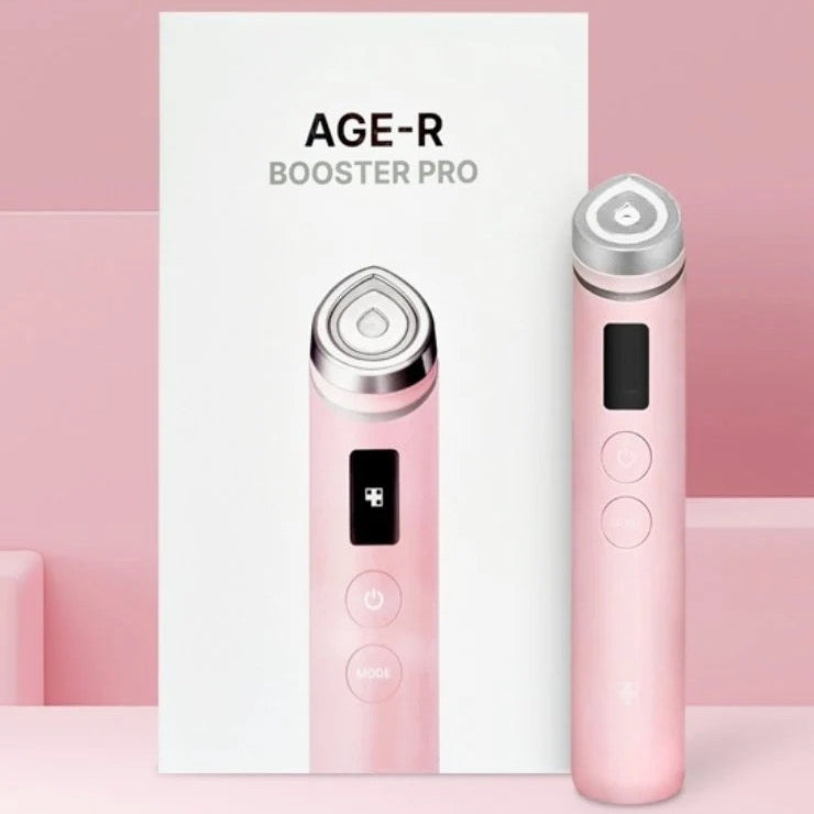 Pink 'AGE-R Booster Pro' device on a pink background