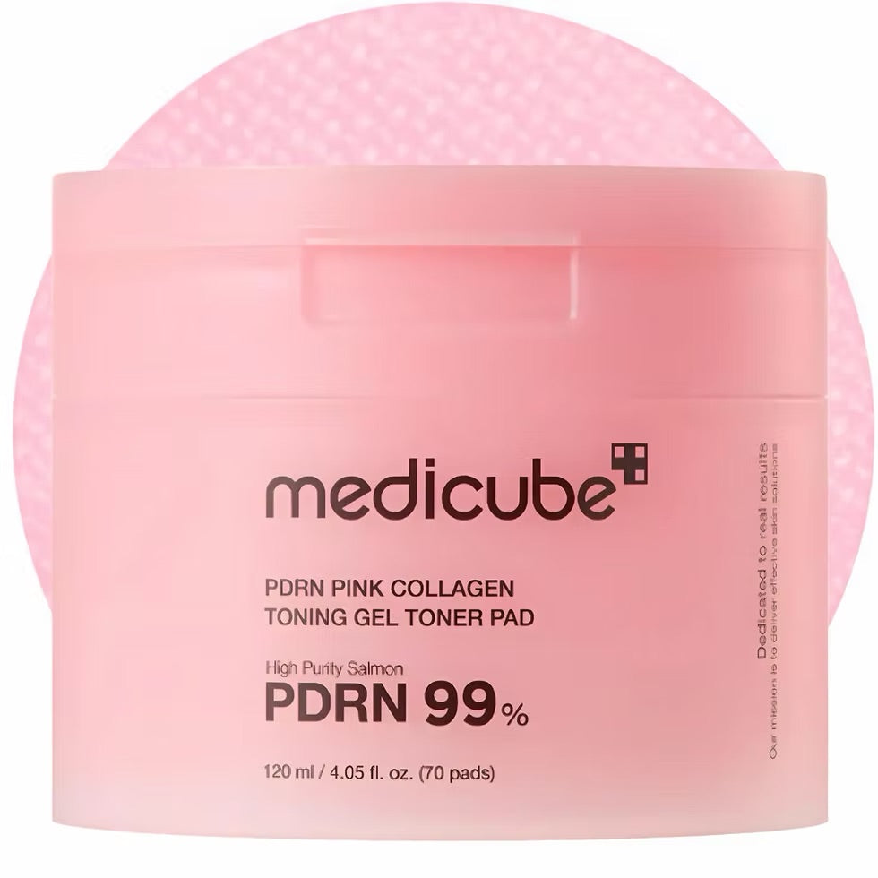 Pink collagen toning gel toner pad with Medicube packaging on a white background