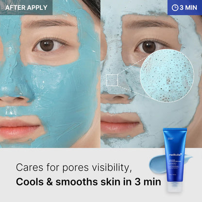 Before and after application of a blue facial mask with product packaging displayed.
